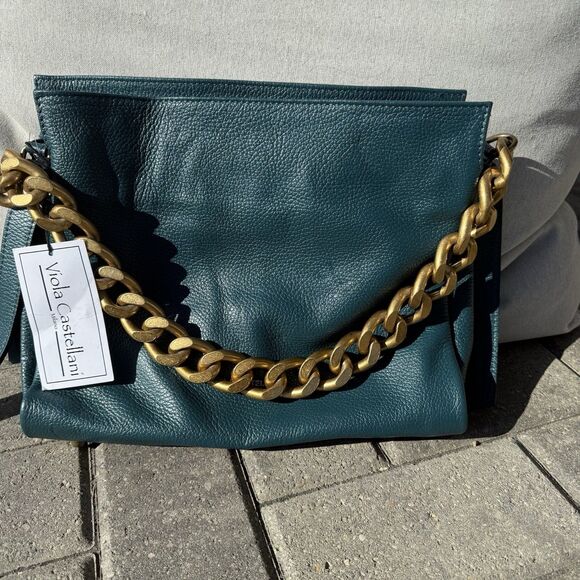 Viola Castellani Italian Leather Dark Teal Purse Large Gold Chain Crossbody NWT - Picture 1 of 16